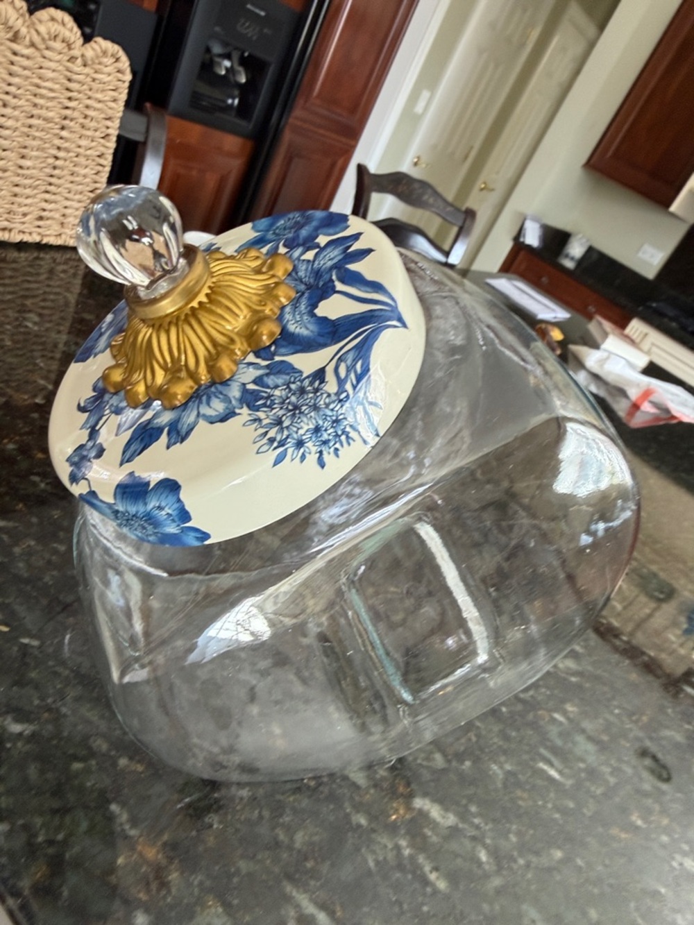 MacKenzie Childs Large Clear Glass Cookie Jar with Blue Floral Lid
